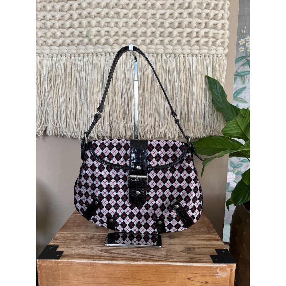 Vintage Cynthia Rowley Black Red White Argyle Plaid Silver Hardware Shoulder Bag